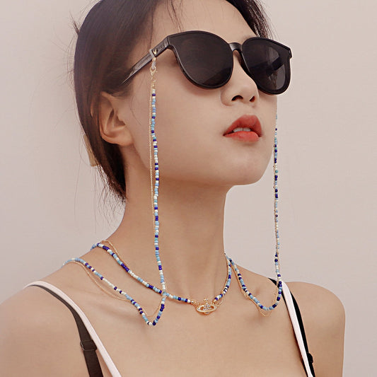 Jewelry ocean blue rice bead cosmic planet double-layer winding glasses chain female mask chain
