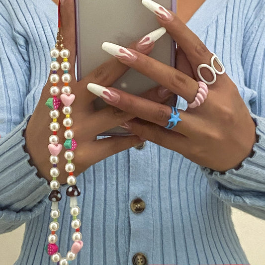 Imitation Pearl Beaded Mushroom Phone Chain Sweet Cool Simple Fruit Strawberry Peach Heart Phone Lanyard
