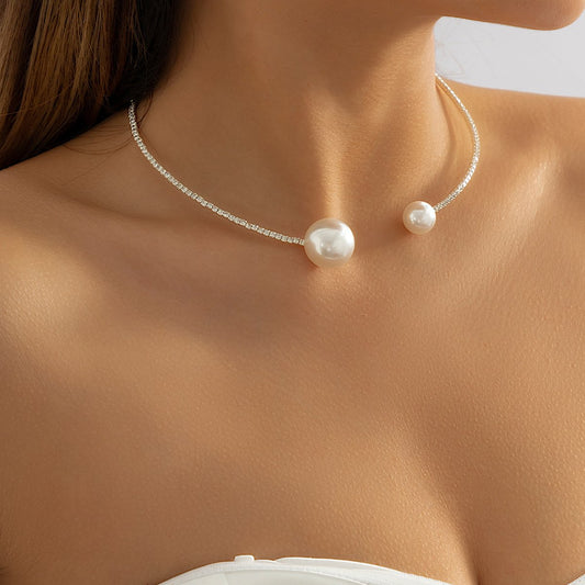 Jewelry Personality Imitation Pearl Geometric Opening Necklace Necklace Niche Design Sense Micro Diamond Necklace