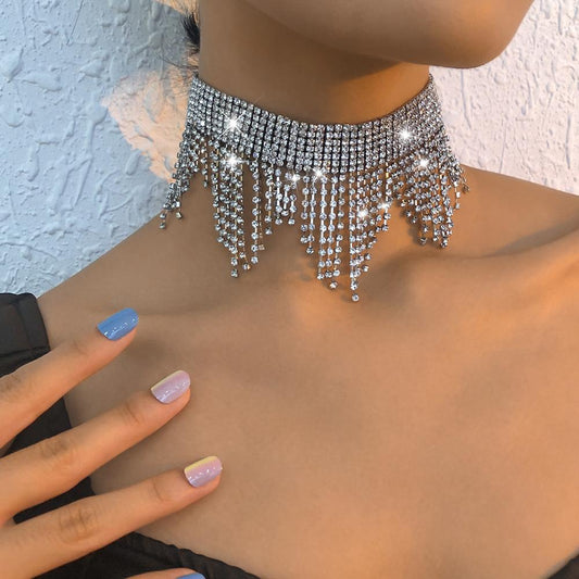 Jewelry Full Diamond Geometric Exaggerated Night Sexy Necklace Rhinestone Tassel Personality Internet Celebrity Necklace
