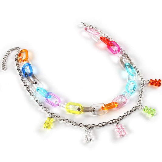 Ins sweet color candy color bear tassel necklace fashion girl multi-layer exaggerated necklace collarbone chain