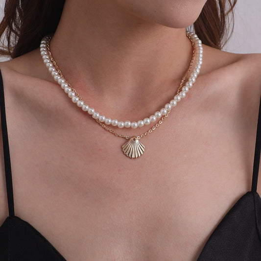 Jewelry Temperament Pearl Scallop Alloy Pendant Necklace Female Fashion Simple Handmade Double Layer Necklace