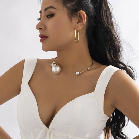 Jewelry Personality Metal Ring Necklace Necklace Simple Asymmetric Imitation Pearl Bead Necklace Female