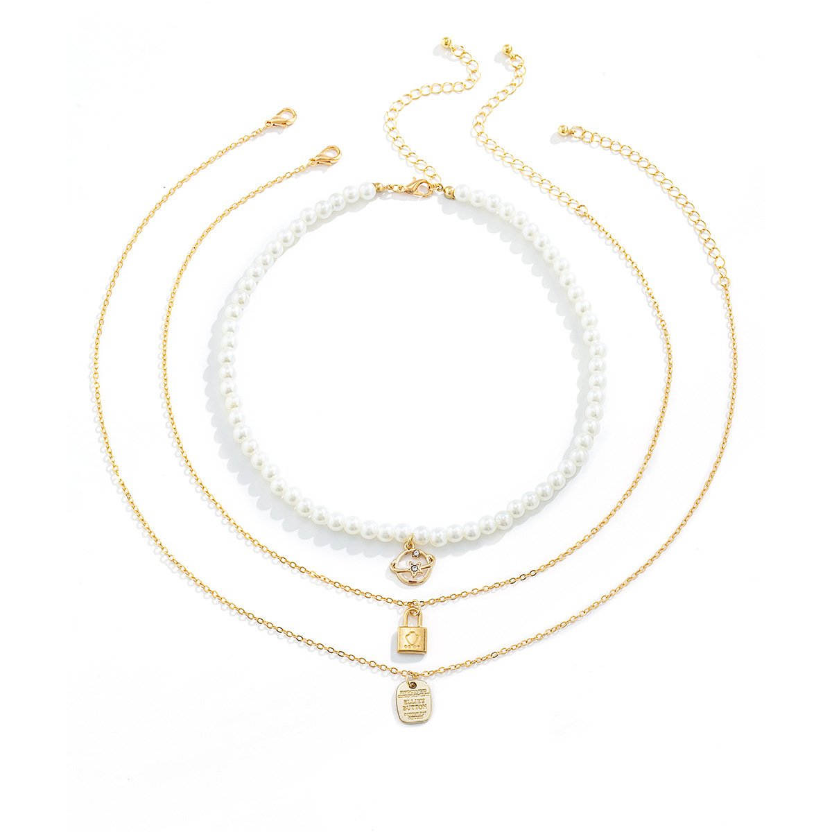 Jewelry Imitation Pearl Woven Pendant Necklace Planet Micro-inlaid Lock Letter Multilayer Necklace Female