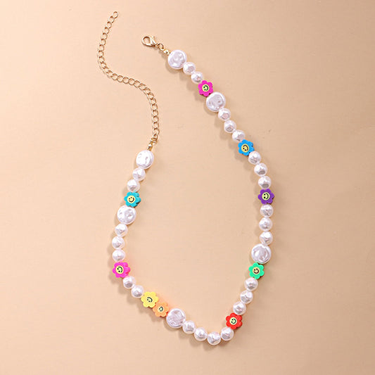 Jewelry Fashion Color Soft Pottery Flower Necklace Female Simple Geometric Short Shaped Pearl Necklace
