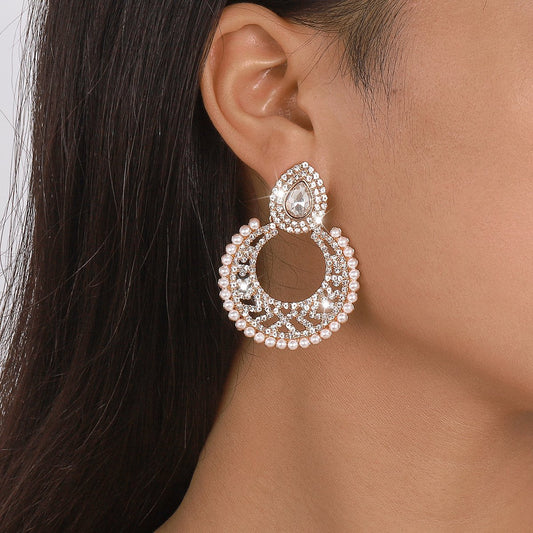 E1757 Xiaoxiang Retro Pearl Geometric Earrings Water Drop Diamond Light Luxury Temperament Circle Hollow Earrings