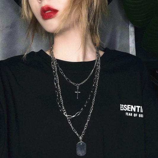 Necklace multi-layer cross necklace net red dark black men and women couple hip-hop tag three-piece accessories