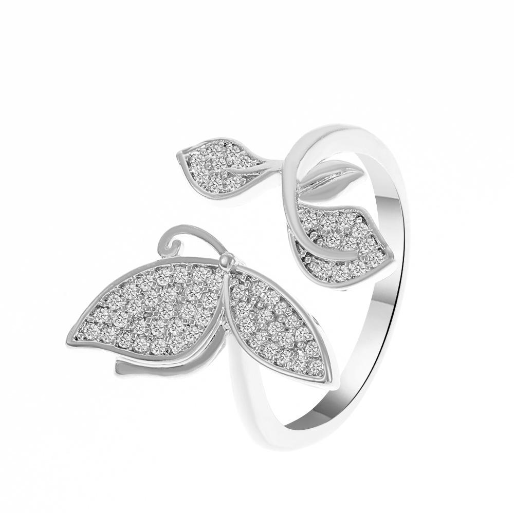 Ins full diamond butterfly ring female fashion light luxury niche design leaf ring geometric opening index finger ring