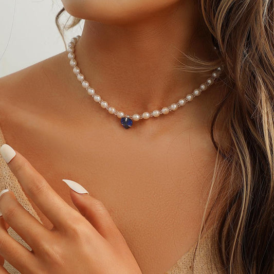 Simple Fashion Blue Love Pearl Crystal Short Clavicle Chain Necklace Versatile Temperament Personality Female Jewelry