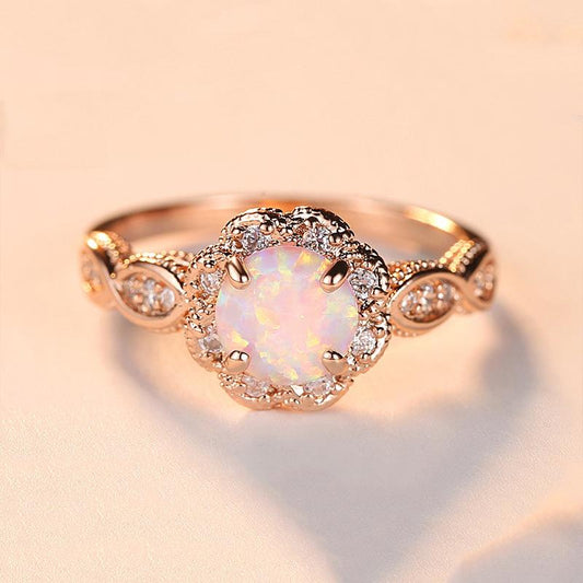 Fashion Women's Resin Opal Rose Gold Hollow Ring Rhinestone Ring Jewelry