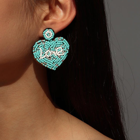 E1329 Ethnic Earrings Bohemian Leisure Holiday Love Earrings Alphabet Beaded Contrasting Color Earrings