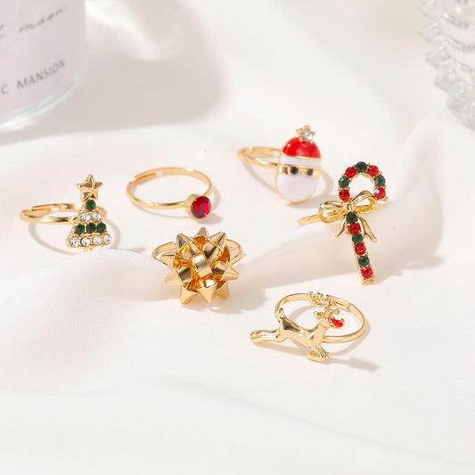 Christmas Ornaments Cute Cartoon Elk Christmas Tree Ring 6-Piece Set Drip Oil Opening Adjustable Ring Jewelry