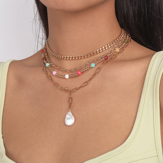 N1611 Bohemia Beach Vacation Stacked Necklace Beaded Chain Multilayer Exaggerated Geometric Necklace Women