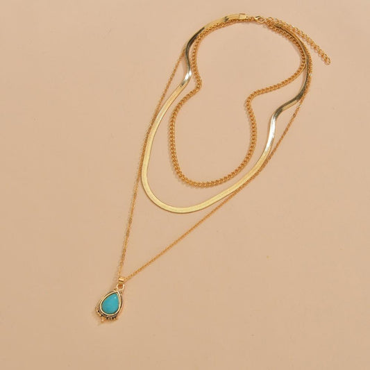 Vintage Resin Water Drop Pendant Necklace Fashion Multilayer Snake Chain Necklace Women Accessories