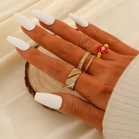 Light luxury niche fashion simple personality stainless steel handmade beads Shaohua wheat ears open ring set for women