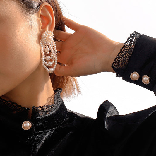 E1997 retro small multi-layer braided earrings imitation pearl atmosphere simple personality fashion earrings for women