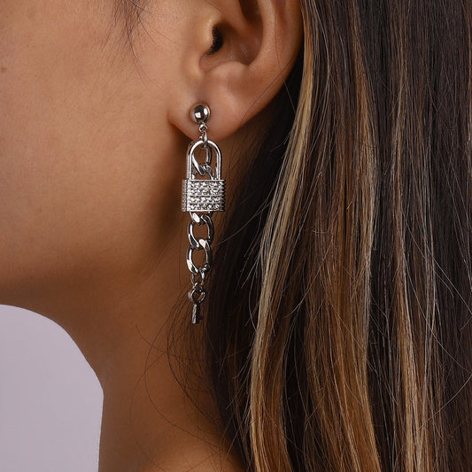 E1366 jewelry niche lock key micro-inlaid temperament earrings exaggerated chain love earrings female