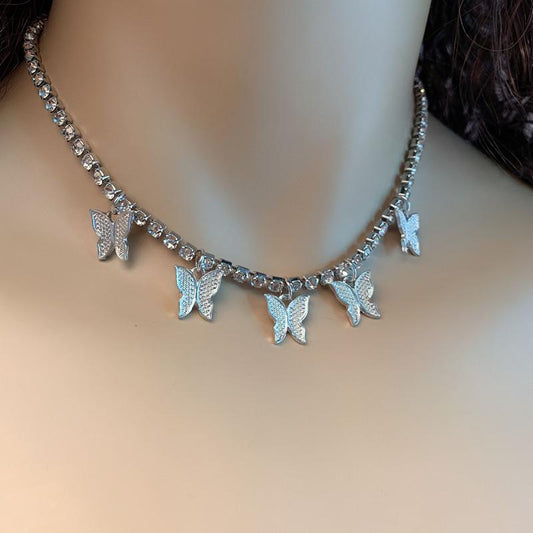 Jewelry personality geometric single-layer three-dimensional rhinestone pendant temperament diamond studded small butterfly tassel necklace