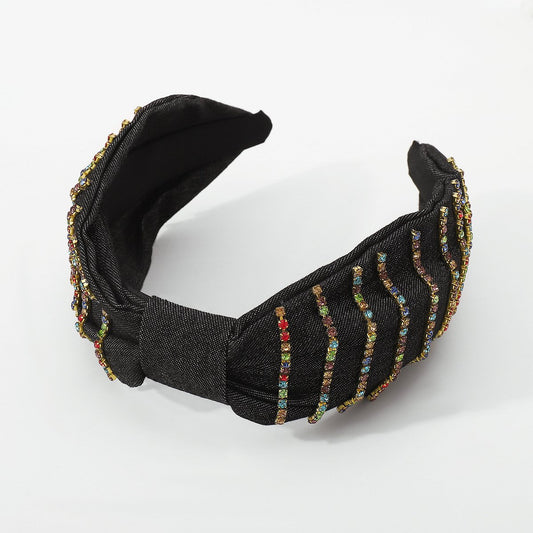 F4838 Retro Denim Wide Side Knotted Claw Chain Rhinestone Headband Baroque Geometric Light Luxury Heavy Industry Headband Women