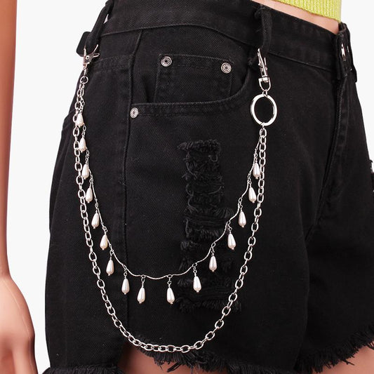 Trouser chain double-layer drop-shaped imitation pearl embellished with personalized geometric retro fashion all-match jeans