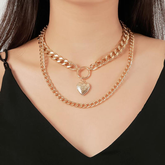 Jewelry Fashion Double Love Pendant Exaggerated Thick Chain Necklace Cold Street Shooting Sweater Chain