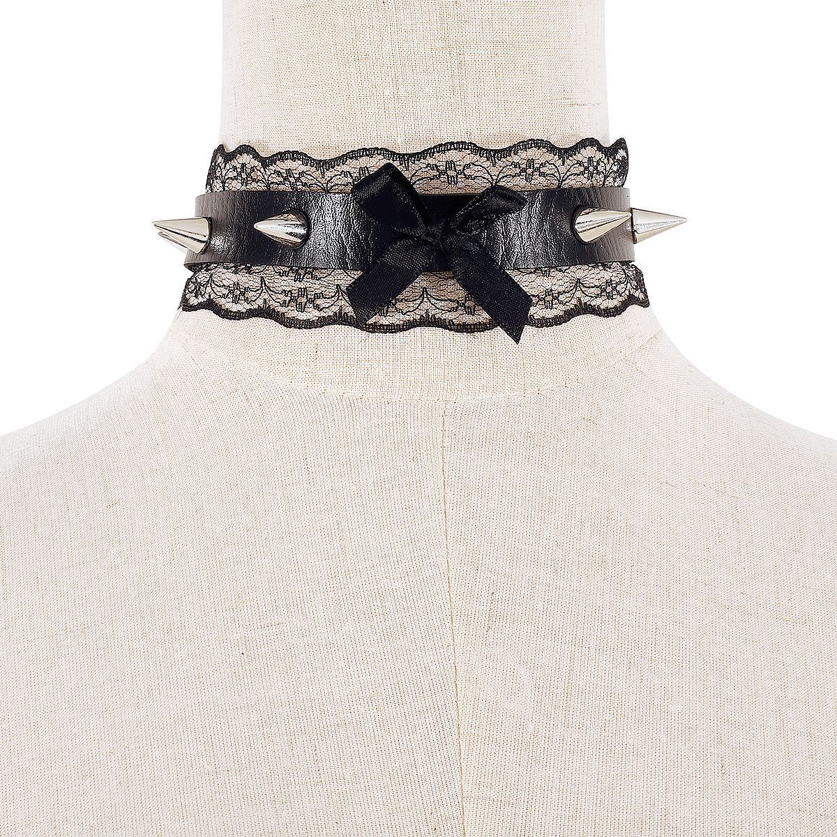 N1283 Exaggerated Punk Sexy Necklace Rivet Lace Bow PU Collar Short Night Necklace