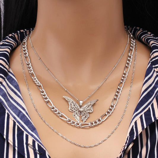 Fashion all-match necklace trend personality multi-layer chain with diamond big butterfly pendant necklace neck chain