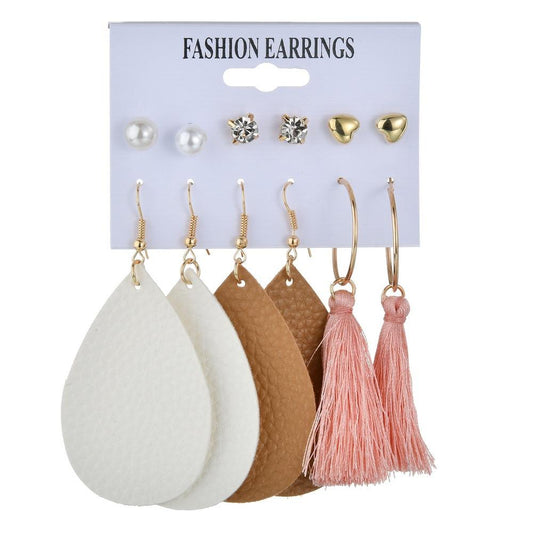 Pop Leather Earrings Bohemian Tassel Love Pearl Combination Set Earrings 6 Pieces Set