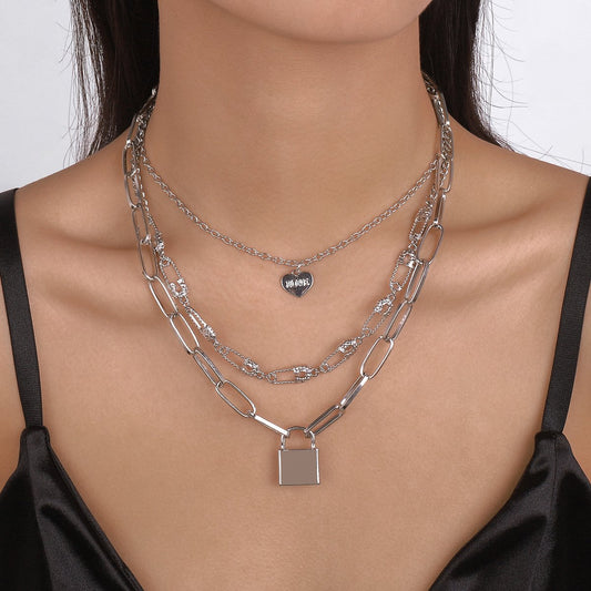N1565 Fashion Exaggerated Lock Necklace Heart LOVE Pin Creative Choker Retro Hip Hop Necklace