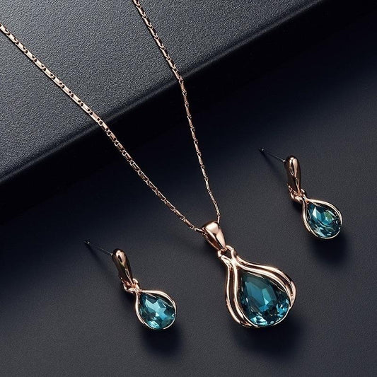 Fashion Women Blue Green Water Drop Shape Necklace Earrings Set Ornament Jewelry