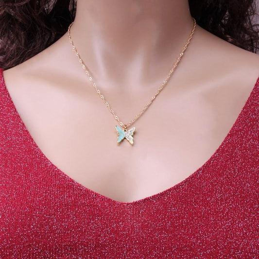 Dongdaemun Temperament Rhinestone Butterfly Necklace Metal Drip Oil Necklace Women's Versatile Necklace Clavicle Chain