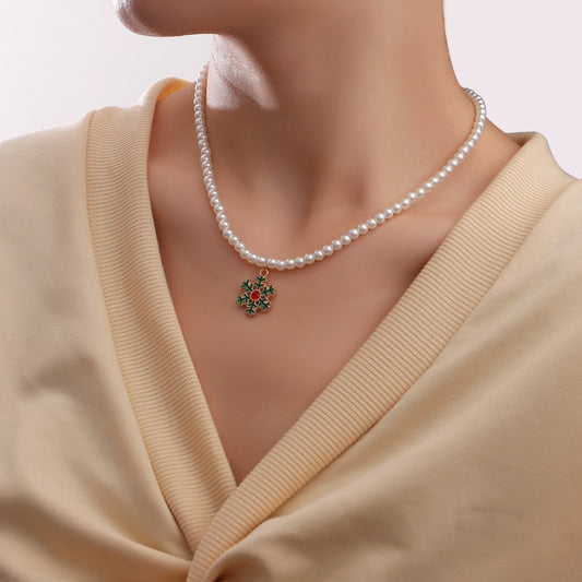 Jewelry Fashion Pearl Chain Drip Oil Snowflake Bell Christmas Tree Accessories Necklace Female Christmas Sweater Chain