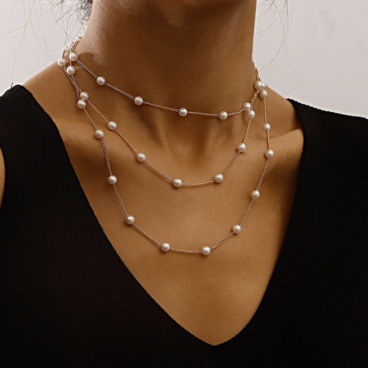 Jewelry simple geometric thin chain pearl multi-layer necklace female personality light luxury pearl necklace