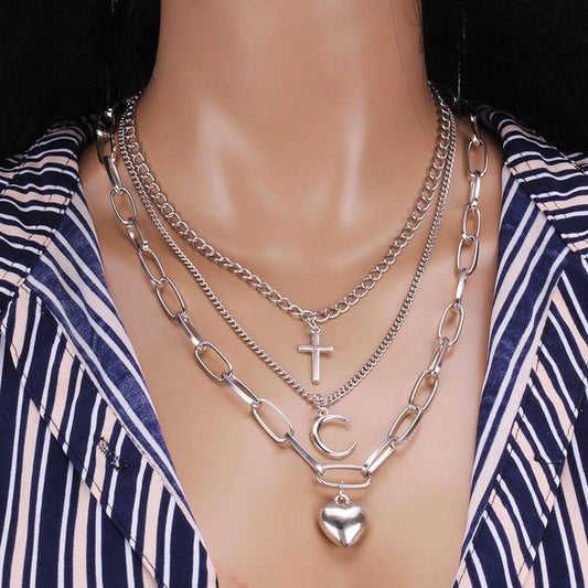 Multi-layer jewelry trend cross moon peach heart decoration ins hip-hop jumping disco necklace
