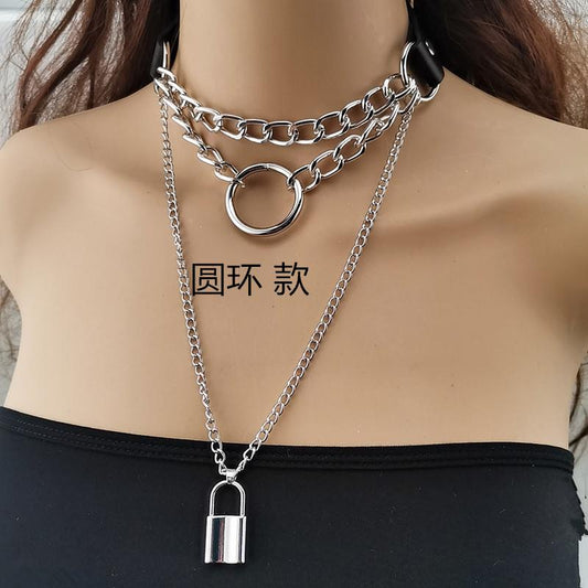 Jewelry personality exaggerated PU love necklace retro punk multi-layer chain geometric lock item