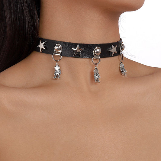 N153 Dark Punk Necklace Harajuku Leather Astronaut Love Butterfly Chain Necklace