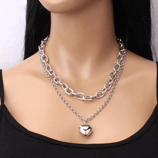 Fashion Metal Love Double Layer Necklace Versatile Simple Ladies Peach Heart Clavicle Sexy Necklace