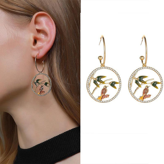 Retro national tide diamond studded branch bird earrings natural simple hollowed out round earrings literary ancient temperament earrings