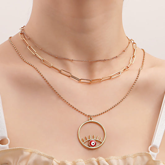 Jewelry Retro Contrast Color Personality Eye Geometric Necklace Ethnic Multi-layer Ring Pendant Necklace
