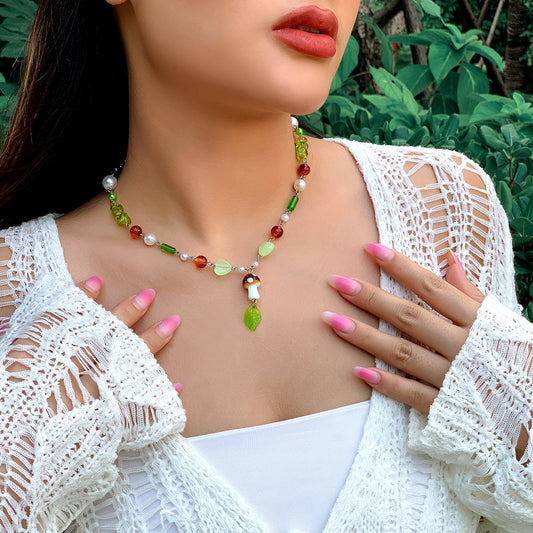 Jewelry fashion ins mix and match mushroom leaf color necklace female simple imitation pearl glass necklace