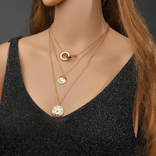 Fashion Alloy Rhinestone Star Moon Pendant Necklace Vintage Multilayer Necklace Accessories