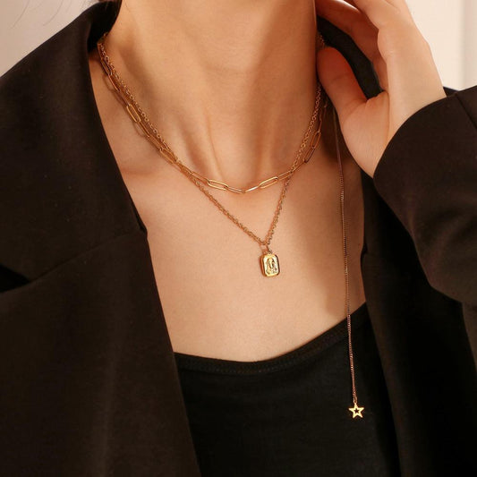 Autumn and winter necklace stainless steel light luxury gold-plated square pendant personalized five-pointed star hip-hop multi-layered necklace