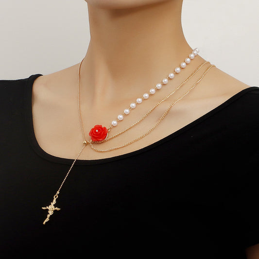 Jewelry Love Rose Cross Necklace Multilayer Sweater Chain Trendy Cool Ins Versatile Necklace
