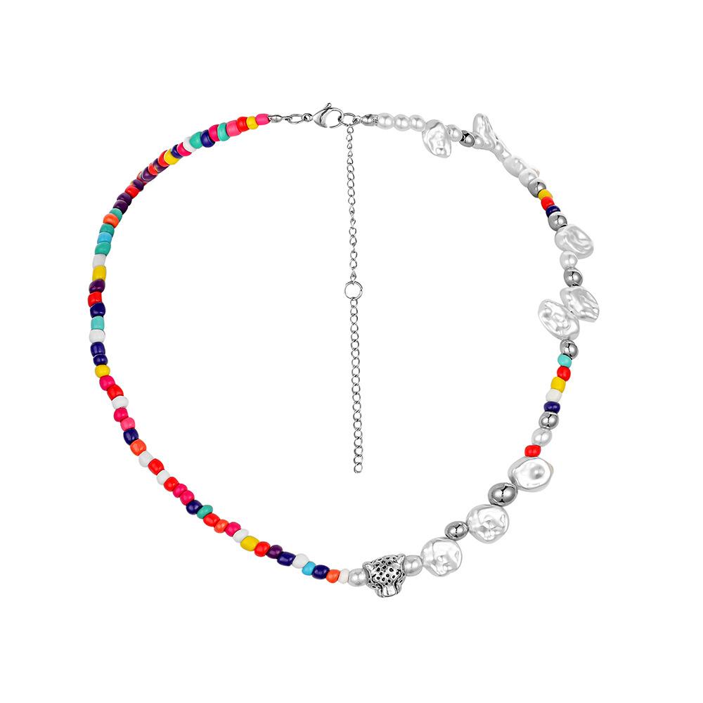 Fashion stainless steel beaded rice beads special-shaped pearl necklace trend bohemian cute tiger head pendant for men