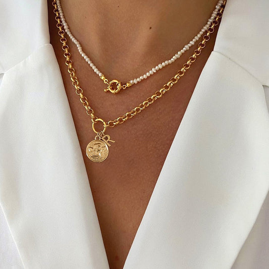 Jewelry Temperament Millet Grain Pearl Clavicle Necklace Fashion Retro Angel Tag Letter Necklace