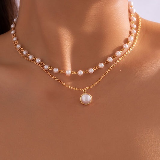 Jewelry Personality Round Pendant Thin Chain Necklace Simple Temperament Imitation Pearl Double Layer Necklace Female