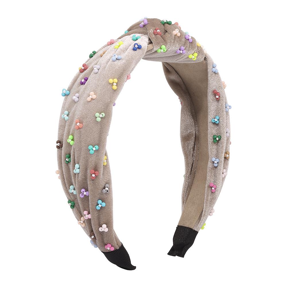 F368 Fashion Headband Corduroy Knotted Fabric Headband Personalized Colorful Rice Beads Light Luxury Headwear