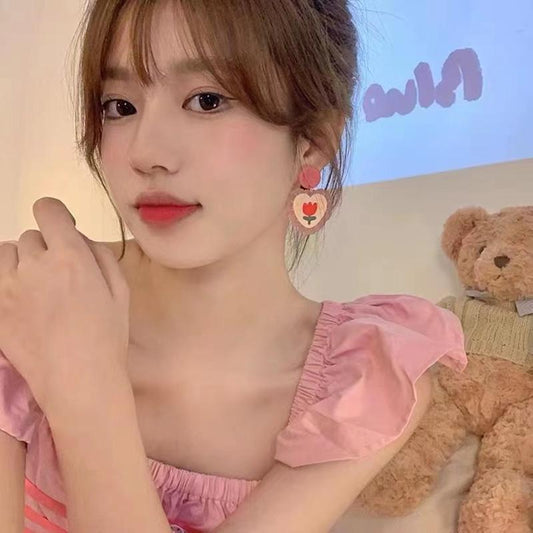 Spring and summer ins acrylic color flower earrings cute girly tulip earrings earrings silver needles