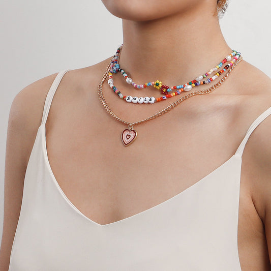 Jewelry Bohemian multi-layer color rice bead letters dripping oil painted love necklace female choker