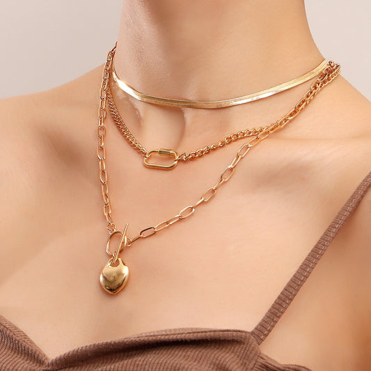 Jewelry punk multi-layer flat snake chain geometric peach heart pendant necklace female ins love necklace